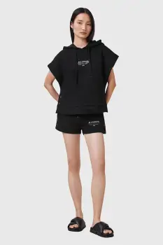 AllSaints pantaloni scurti din bumbac SORRI culoarea negru, cu imprimeu, high waist, W053TC imagine