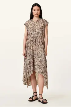 AllSaints rochie ARWEN culoarea bej, midi, evazati, W104DC imagine