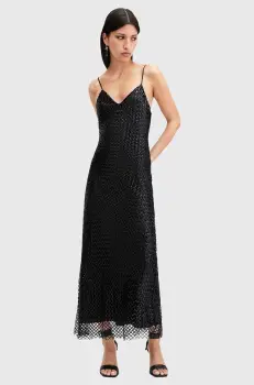AllSaints rochie CHANTELLE culoarea negru, maxi, evazati, W062DB imagine