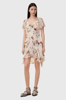 AllSaints rochie din amestec de matase DARMA culoarea bej, mini, drept, W018DC imagine