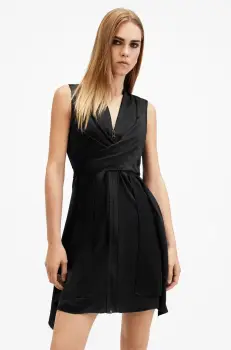 AllSaints rochie din amestec de matase JAYDA culoarea negru, mini, evazati, W278DB imagine