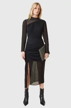AllSaints rochie din amestec de matase RIZO culoarea negru, midi, mulata, W085DC imagine