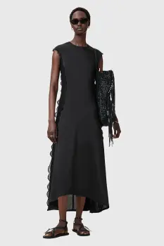 AllSaints rochie din in LYRA culoarea negru, midi, evazati, W248DC imagine