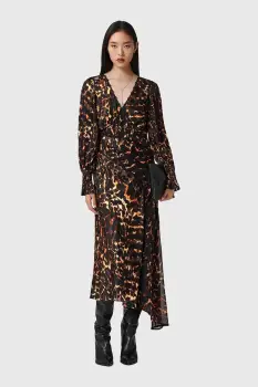 AllSaints rochie din matase culoarea maro, midi, evazati, W102DD imagine