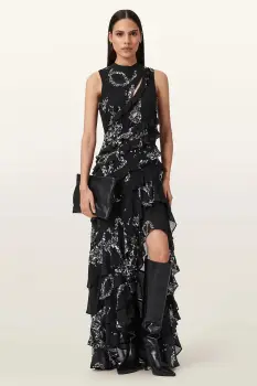 AllSaints rochie din viscoza CADY culoarea negru, midi, evazati, W004DD imagine