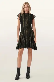 AllSaints rochie FLEUR culoarea negru, mini, evazati, W132DD imagine