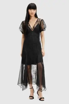 AllSaints rochie RAYNA LACE DRESS culoarea negru, maxi, evazati, WD574Z imagine