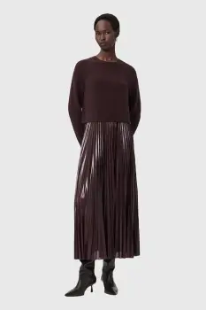 AllSaints rochie si pulover culoarea maro, midi, evazati, W328DB imagine