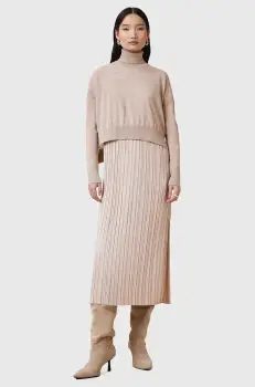 AllSaints rochie si pulover VITTORIA culoarea bej, midi, drept, W030DC imagine