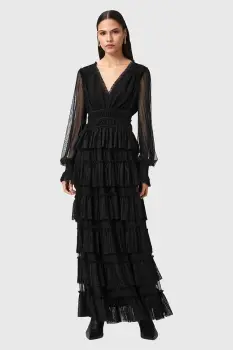 AllSaints rochie XANTARA culoarea negru, maxi, evazati, W029DD imagine
