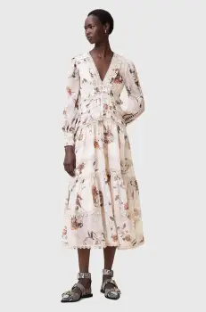 AllSaints rochie ZORA MIDI culoarea bej, midi, evazati, W084DC imagine