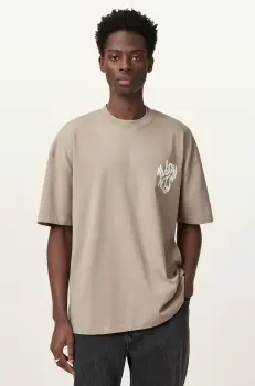 AllSaints tricou din bumbac ORLANDO SS barbati, culoarea bej, cu imprimeu, M022PA imagine