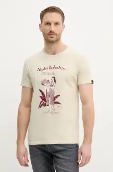 Alpha Industries tricou din bumbac Alpha Hawaii T barbati, culoarea bej, cu imprimeu, 156525 imagine