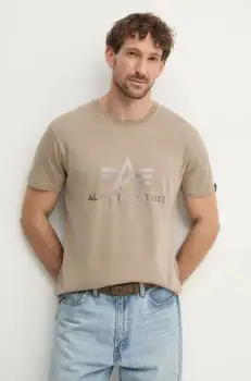 Alpha Industries tricou din bumbac barbati, culoarea bej, cu imprimeu, 100501CB imagine