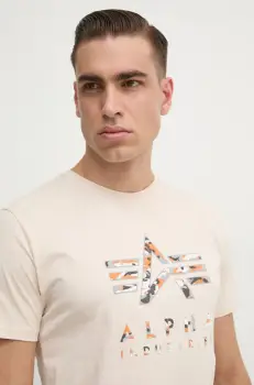 Alpha Industries tricou din bumbac barbati, culoarea bej, cu imprimeu, 146506 imagine