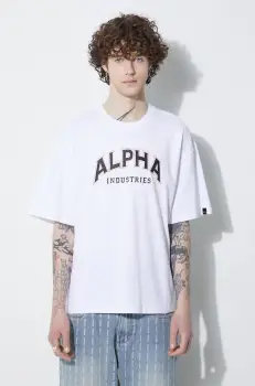 Alpha Industries tricou din bumbac College barbati, culoarea alb, cu imprimeu, 146501 imagine