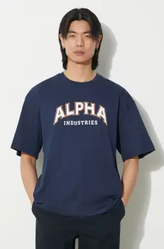 Alpha Industries tricou din bumbac College barbati, culoarea albastru marin, cu imprimeu, 146501 imagine