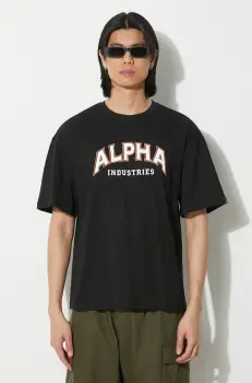 Alpha Industries tricou din bumbac College barbati, culoarea negru, cu imprimeu, 146501 imagine