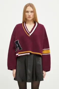 AMBUSH pulover de lana Damaged Rib V Neck Sweater femei, culoarea bordo, calduros, BWHD002F24KNI0012846 imagine