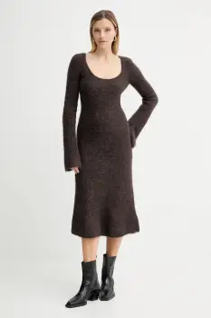 American Vintage rochie din lana culoarea maro, midi, evazati, NEN14A imagine