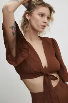 Answear Lab bluza din in culoarea maro, neted imagine