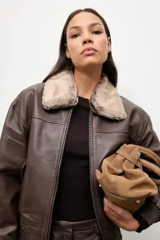 Answear.LAB geaca de piele culoarea maro, de tranzitie imagine