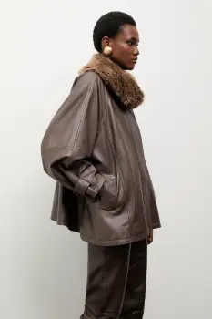 Answear.LAB geaca de piele culoarea maro, de tranzitie, oversize imagine