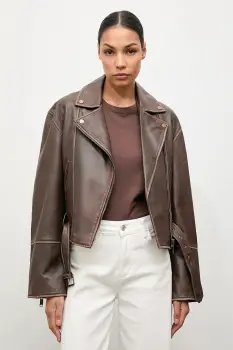 Answear.LAB geaca ramones de piele culoarea maro, de tranzitie imagine