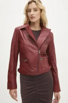 Answear Lab geaca ramones de piele femei, culoarea rosu, de tranzitie imagine