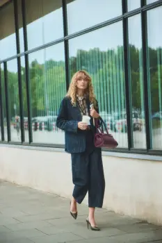 Answear.LAB pantaloni culoarea albastru marin, lat, high waist imagine