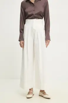 Answear Lab pantaloni de bumbac femei, culoarea alb, lat, high waist imagine