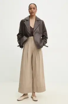 Answear Lab pantaloni de bumbac femei, culoarea bej, lat, high waist imagine