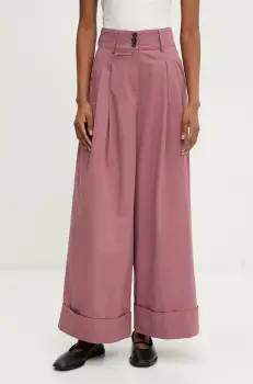 Answear Lab pantaloni de bumbac femei, culoarea roz, drept, high waist imagine