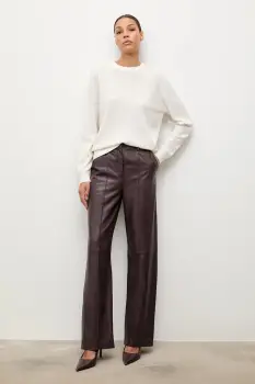 Answear.LAB pantaloni de piele culoarea bordo, drept, high waist imagine