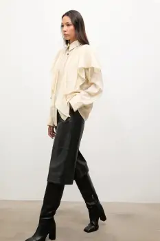 Answear.LAB pantaloni de piele culoarea negru, drept, high waist imagine