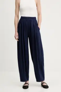 Answear Lab pantaloni din in culoarea albastru marin, drept, high waist imagine