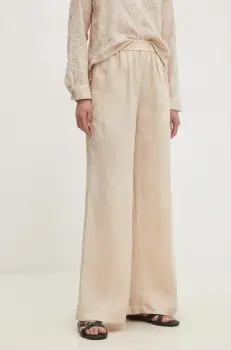 Answear Lab pantaloni din in culoarea bej, drept, high waist imagine