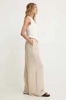 Answear Lab pantaloni din in culoarea bej, drept, high waist imagine