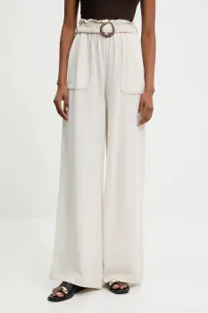 Answear Lab pantaloni din in culoarea bej, lat, high waist imagine