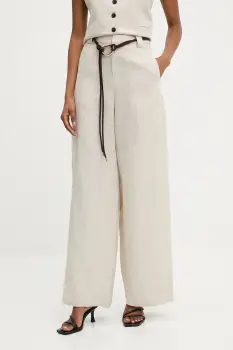Answear Lab pantaloni din in culoarea bej, lat, high waist imagine