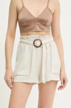 Answear Lab pantaloni scurti din amestec de in culoarea bej, neted, high waist imagine