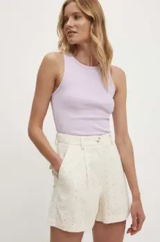 Answear Lab pantaloni scurti din bumbac culoarea bej, neted, high waist imagine