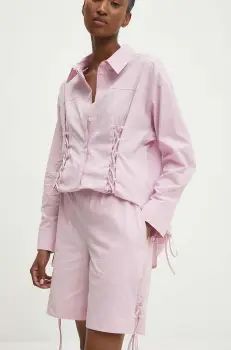 Answear Lab pantaloni scurti din bumbac culoarea roz, neted, high waist imagine