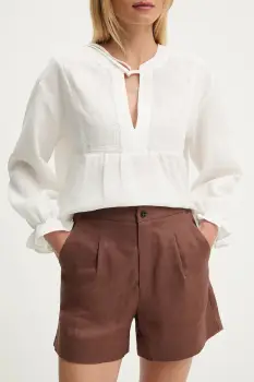 Answear.LAB pantaloni scurti din in culoarea maro, neted, high waist imagine