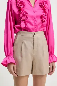 Answear Lab pantaloni scurti din in femei, culoarea bej, neted, high waist imagine