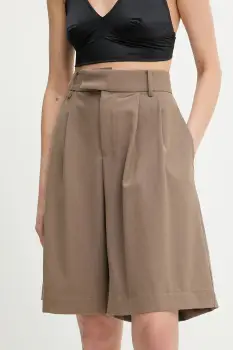 Answear Lab pantaloni scurti din lana culoarea maro, neted, high waist imagine