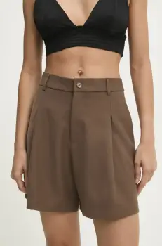 Answear Lab pantaloni scurti femei, culoarea maro, neted, high waist imagine