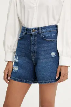 Answear Lab pantaloni scurti jeans culoarea albastru marin, neted, high waist imagine