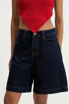 Answear Lab pantaloni scurti jeans culoarea albastru marin, neted, high waist imagine