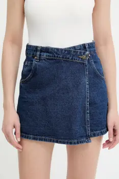 Answear Lab pantaloni scurti jeans culoarea albastru marin, neted, high waist imagine